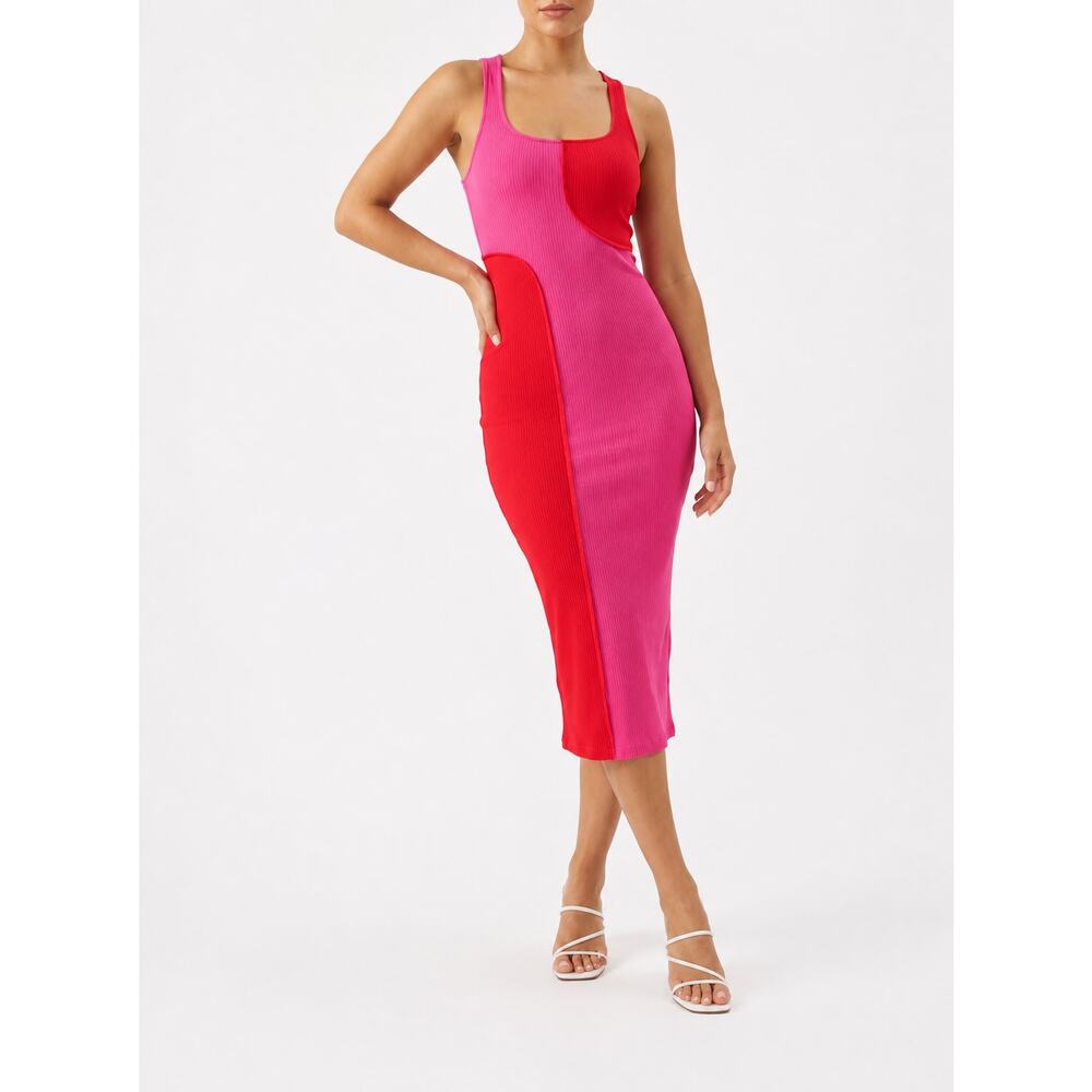 NEW Naked Wardrobe Ribbed Midi Dress Sleeveless Colorblock Pink Red Stretch M
